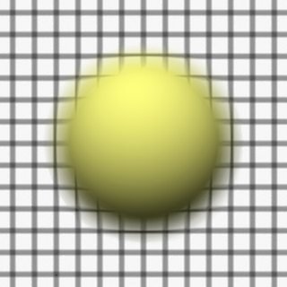 Render 5: Sphere in front of a grid plane, focus between grid and sphere