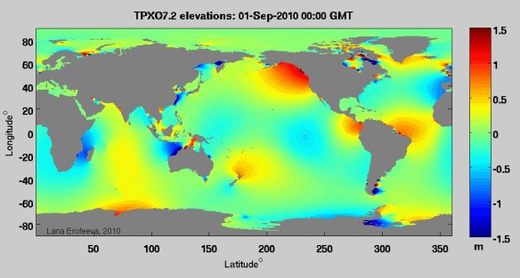 Animated GIF that depicts ocean elevations over the course of one day, as measured from space by the TOPEX/Poseidon radar altimeter. Since the M2 component of the tides dominates, the responses as seen in this image in most places show two high tides per day.